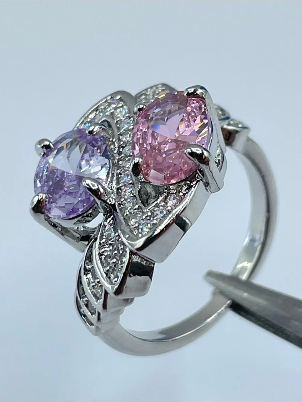 Swarovski Crystal Elements Pink Purple Crystal Art Deco Statement Ring Silver